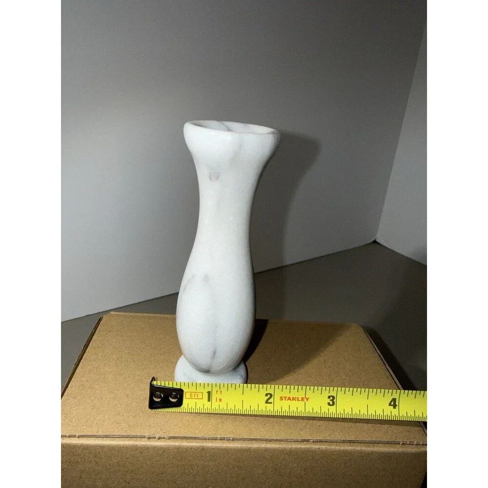VTG. 5 inch Hand Polished Hourglass Marble Vase With Natural Gray Veining. Italy